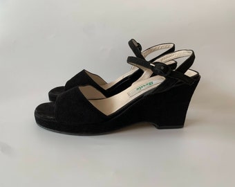 Black Suede Leather Sandals Size 39, Vintage 80s Wedge Sandals, Open Toe Ankle Strap Sandals, Real Leather Platform Sandals, Dressy Sandals