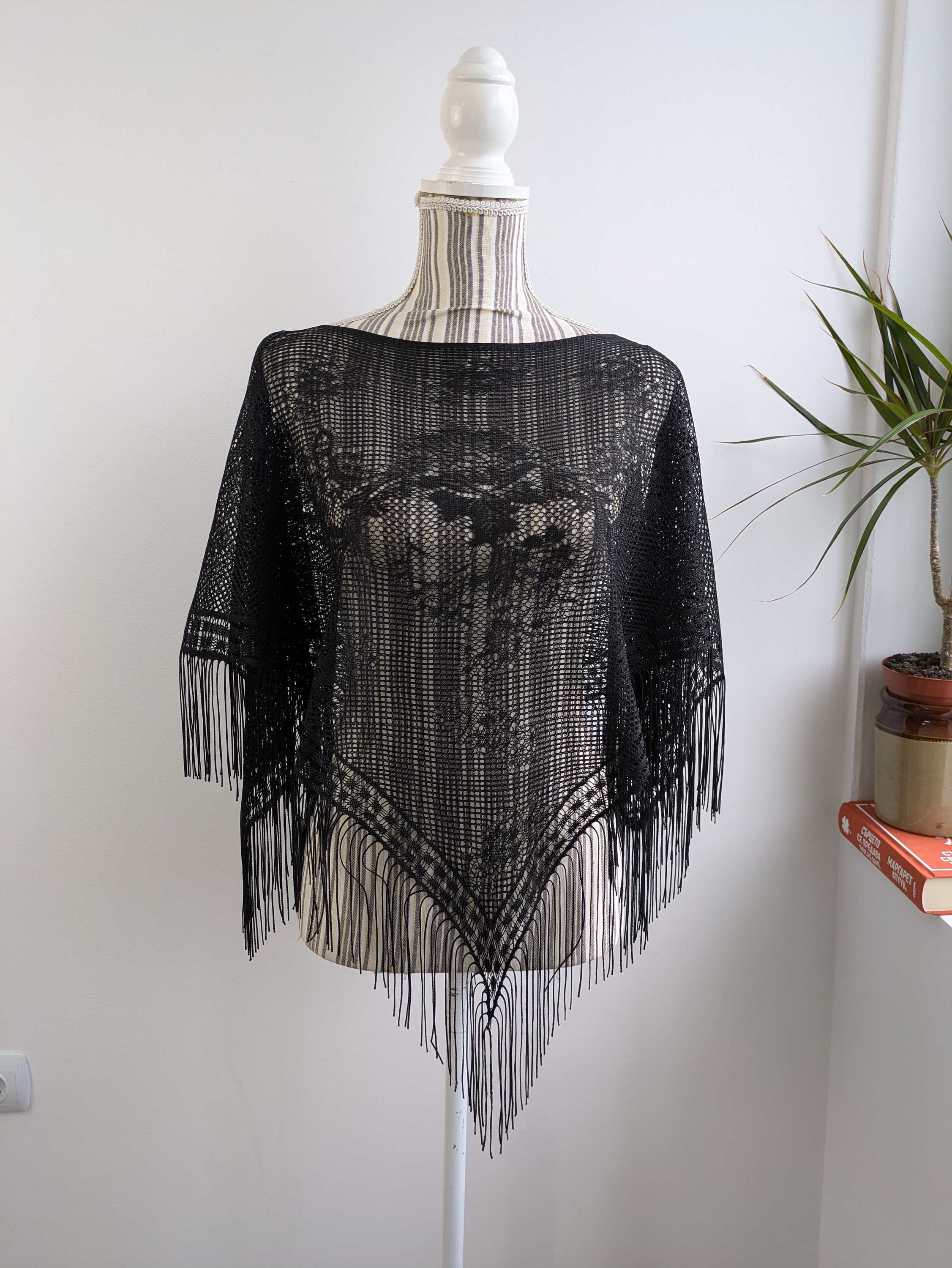 Sheer Black Lace Poncho, See Through Shoulder Cape, Boho