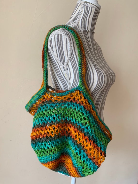 Vintage Colorful Crochet Market Bag, Eco Friendly Mesh Shopper, Reusable Handmade Fishnet Shopping Bag, Lightweight Groceries Shoulder Tote