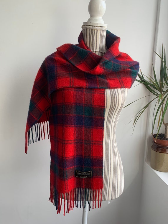 Vintage Checkered Wool Scarf, Mens Pure Wool Scarf, Red Blue Green Fringed Plaid Scarf, Tartan Wool Winter Scarf, Soft Woollen Unisex Scarf