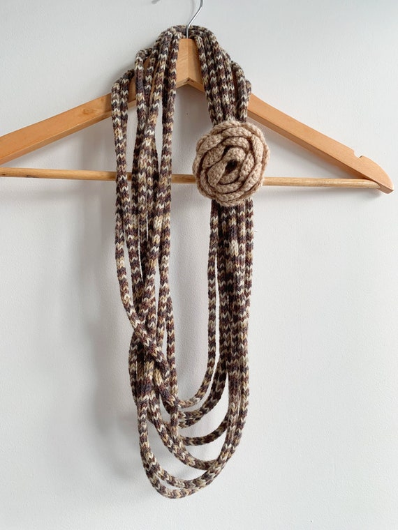 Unique Textile Cord Necklace, Beige Taupe Brown Grey Knitted Scarf Necklace, Handmade Crochet Flower Accessory, Chunky Layered Knit Jewelry