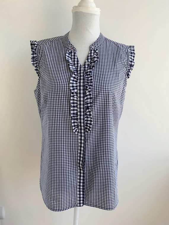 Vintage Wiesn Spatzl Navy Gingham Shirt Size L, 90s German Trachten Button Up Ruffled Collar Sleeveless Tank Top, Oktoberfest Dirndl Blouse