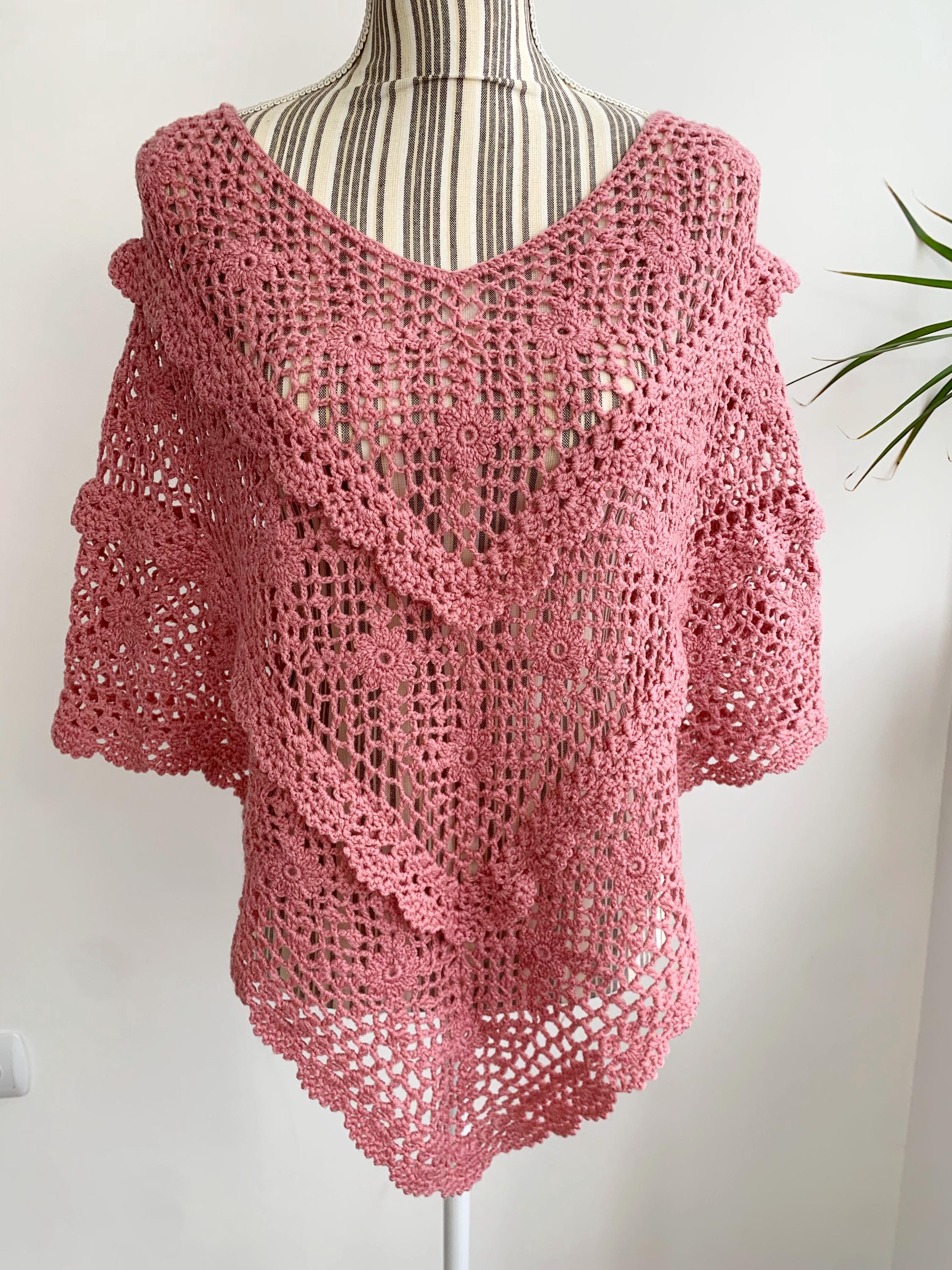 Y2K Pink Crochet Poncho for Women, Vintage 90s Handmade