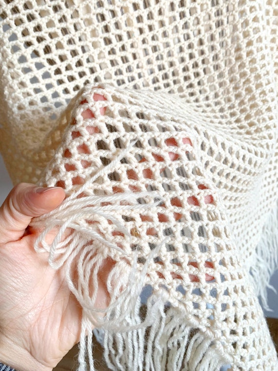 Vintage Ecru Crochet Shawl With Tassels, Cream Wi… - image 10