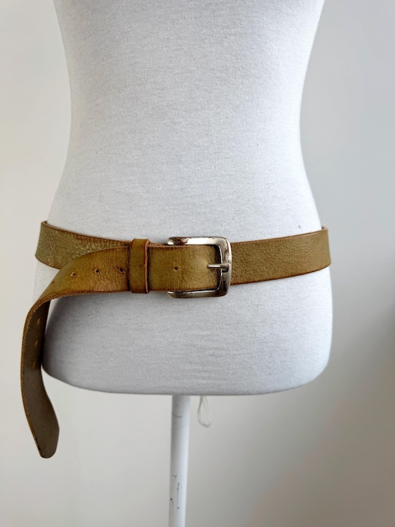 Vintage Distressed Green Leather Belt for Men or Women, Wide Chunky Grain Leather Waist Belt Silver Buckle Rustic Boho Hippie Western Belt