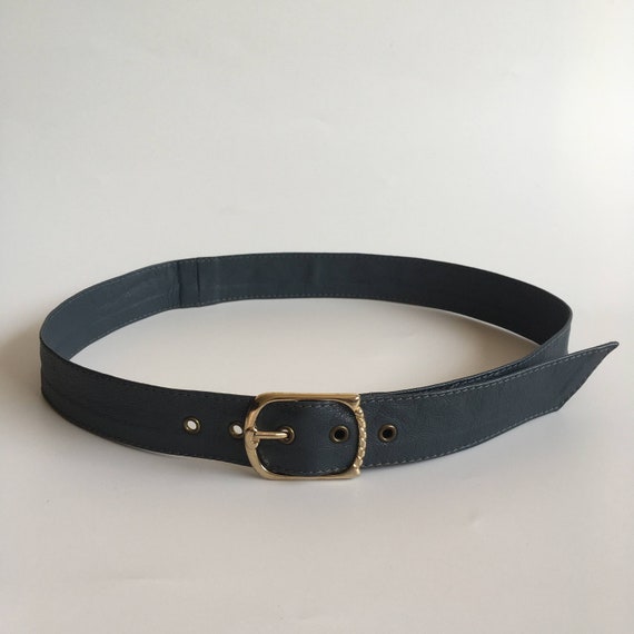 Dark Grey Leather Belt, Soft Real Leather Belt for Women, Vintage 80s Slim Gold Buckle Waist Cincher, Retro Mod Genuine Leather Waist Belt
