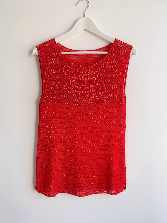 Vintage Red Sequin Tank Top Size M/L, Crochet Sweater Vest, Knitted Tank Top, Disco Glam Sleeveless Knit Blouse, Evening Party Singlet Top