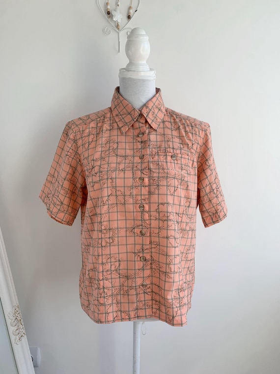 Vintage Schöffel Hiking Shirt for Women Size XL, 90s Outdoor Button Down, Retro German Mountain Wear, Salmon Orange Sage Green Checkered Top