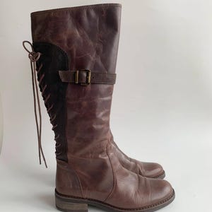 Vintage Brown Leather Boots for Women EUR 37 UK 4 1/2 US 6 1/2, Lace Up Low Heel Boots, Distressed Tall Boots, Western Cowboy Riding Boots