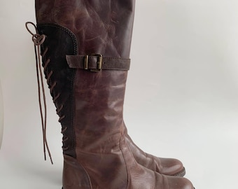 Stivali vintage in pelle marrone per donna EUR 37 UK 4 1/2 US 6 1/2, stivali con lacci e tacco basso, stivali alti usurati, stivali da equitazione da cowboy western