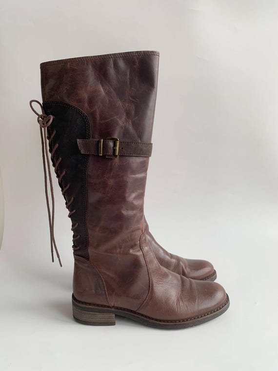 Vintage Brown Leather Boots for Women EUR 37 UK 4 1/2 US 6 1/2, Lace Up Low Heel Boots, Distressed Tall Boots, Western Cowboy Riding Boots