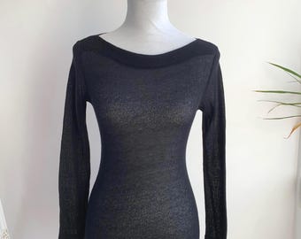 Vintage Ter et Bantine Women's Lightweight Mesh Sweater Size S, Sheer Black Fitted Top, Solid Basic Sweater, Scoop Neck See Through Blouse
