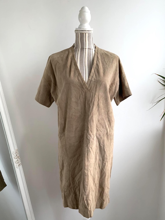 Vintage 90s Suede Leather Dress Size M L, Short Sleeve Suede Dress, Camel Suede Dress, Boho Hippie Leather Dress, Soft Suede Pullover Dress