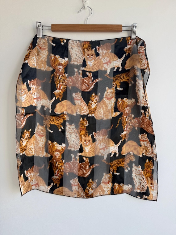 Vintage Korean Cat Print Sheer Scarf, Y2K Novelty Kitten Square Neck Scarf, Black Brown Chiffon Scarf, Retro Cat Lover Gift Purse Scarf