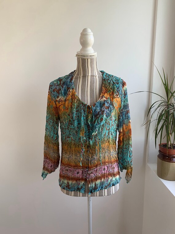 Vintage Sheer Tulle Blouse for Women Size L, Brown Blue Ruffled V Neck Overlay Top, See Through Mesh Top, 3/4 Flare Sleeve Transparent Shirt