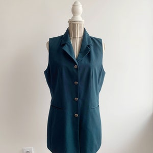 Turquoise Teal Blue Green Sleeveless Notched Collared Blazer Jacket For Women Size M L, 90s Preppy Elegant Business Office Vest Waistcoat image 6