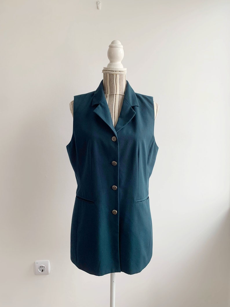 Turquoise Teal blauw groen mouwloos gekerfd blazerjack voor dames maat M L, jaren '90 Preppy Elegant Business Office Vest Vest afbeelding 6