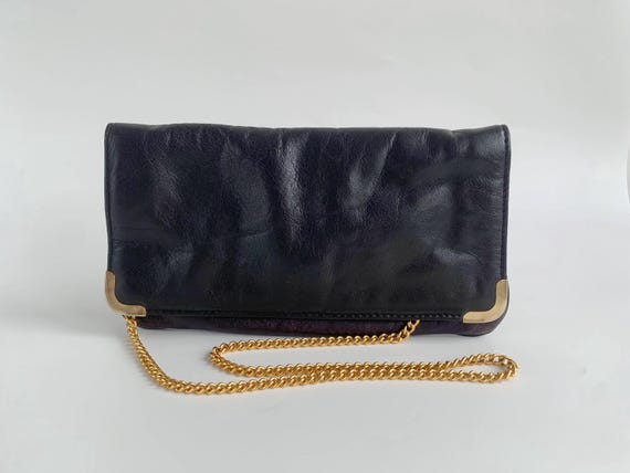 Vintage Black Leather Bag with Golden Chain Strap, Genuine Leather Shoulder Purse, Small Clutch Wallet for Woman, 80s Slim Envelope Handbag