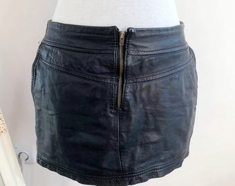 VILA Black Leather Mini Skirt Women's Size S, Y2K Real Goat Leather Low Rise Skirt, Vintage Festival Club Wear Biker Grunge Goth Punk Style