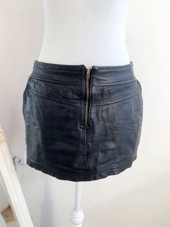 VILA Black Leather Mini Skirt Women's Size S, Y2K Real Goat Leather Low Rise Skirt, Vintage Festival Club Wear Biker Grunge Goth Punk Style