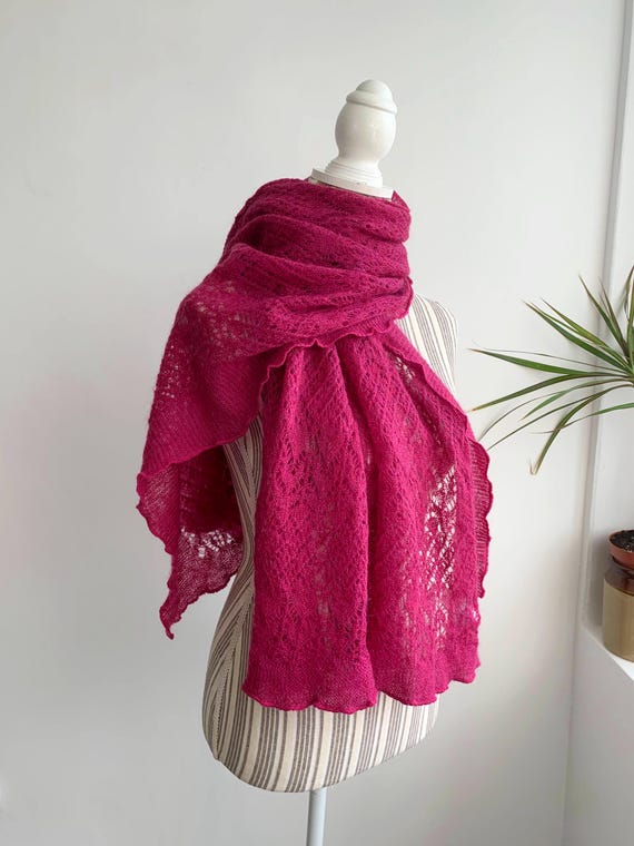 Vintage Mohair Wrap, Knitted Fuchsia Shawl, Hot Pink Lace Shawl, See Through Lace Scarf, Mohair Wool Stole, Sheer Mesh Mohair Knit Cover Up
