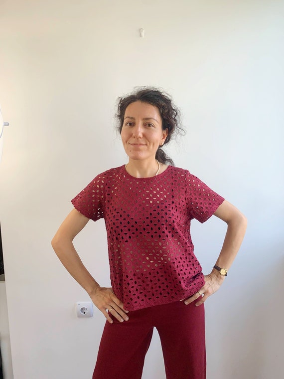 Vintage Italian Eyelet Lace Cotton Blouse Size S M, Hollow Out Embroidery Floral Summer Shirt, Cutwork Burgundy Red Sheer See Through Top