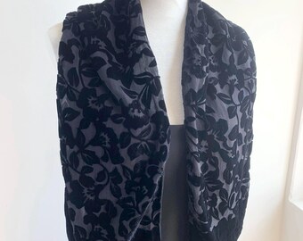 Vintage Black Cut Out Velvet Scarf, Floral Burn Out Velvet Oblong Scarf, Elegant Sheer Mesh Lace Evening Shawl, Art Deco Devore Neck Scarf