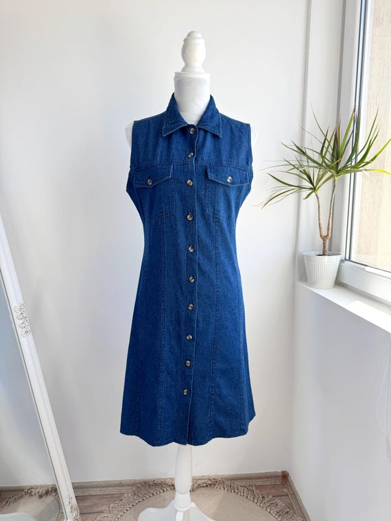 Vintage Blue Denim Midi Dress, Button Down Sleeveless Jean Dress, 90s Retro Cotton Shift Dress Minimalist Casual Summer Clothes Size M
