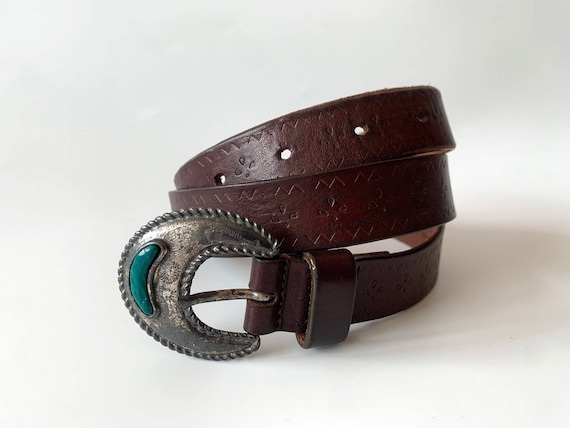 Vintage 70s Tooled Leather Belt for Women, Boho Chic Waist Cincher with Inlay Buckle, Brown Distressed Leather Skinny Belt, Bohemian Belt