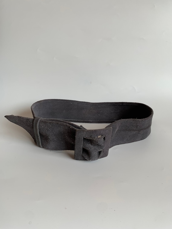 Vintage 80s Dark Grey Suede Leather Waist Belt, Simple Waist Cincher Belt with Square Leather Covered Buckle, Real Leather Wide Waist Belt