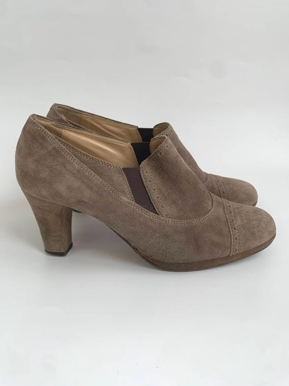 Suede Leather Ankle Shoes EUR 38, UK 5, US 7.5, Taupe Beige Brown Booties, High Heel Ankle Boots, Vintage Italian Heeled Spectator Pumps