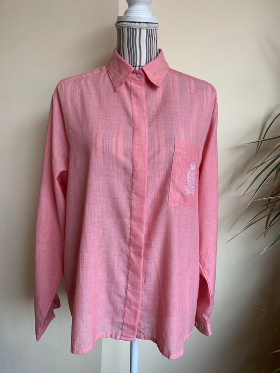 Vintage 80s Salmon Pink Button Up Shirt for Women Size 44 M, Collared Long Sleeve Shirt, Loose Fit Button Front Top, Yacht Sailing Clothing