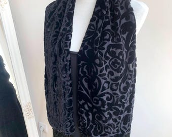 90s Floral Silk Velvet Scarf, Burn Out Velvet Black Fringed Scarf, Oblong Cut Velvet Neck Scarf, Burnt Velvet Stole Wrap, Deco Devore Shawl