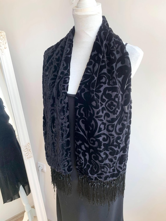 90s Floral Silk Velvet Scarf, Burn Out Velvet Black Fringed Scarf, Oblong Cut Velvet Neck Scarf, Burnt Velvet Stole Wrap, Deco Devore Shawl