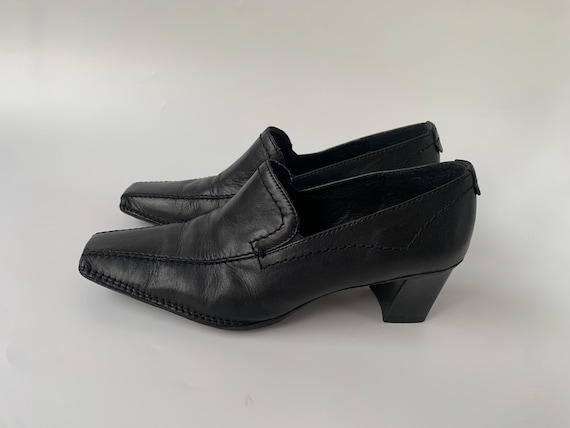 Vintage Black Leather Shoes for Women, 90s Square Toe Shoes, Elegant Moccasins, Block Heel Slip Ons, Soft Sole Pumps, Loafers Size EUR 36