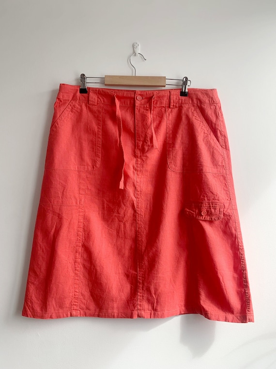 Y2K Salmon Linen Skirt for Women Size XL, Casual Basic Linen Skirt With Pockets, Plus Size Cotton Linen Midi Skirt, Summer Linen Clothes