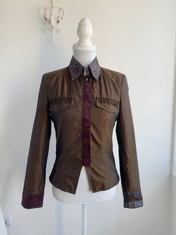 Vintage Slim Fit High Neck Collared Blazer S, Y2K Iridescent Shimmer Jacket, Rust Brown Khaki Green Fall Outerwear, Brocade Collar and Cuffs