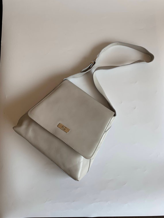 Vintage 90s Light Grey Leather Shoulder Bag, Distressed Leather Top Handle Bag for Women, Flap Over Handbag, Genuine Leather Work Bag