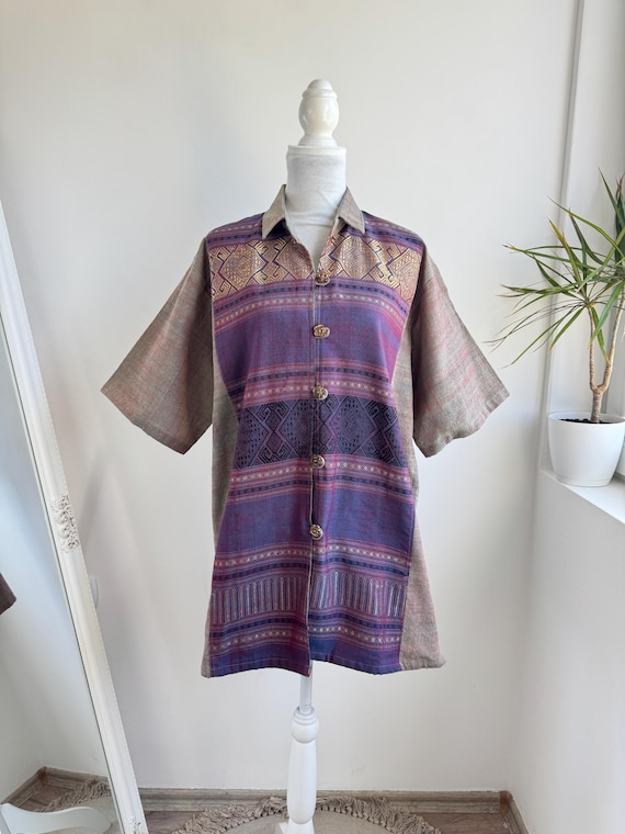 Vintage Ethnic Shirt Women XL Plus Size Woven Geometric Boho Blouse Oversized Linen Hemp Top, Short Sleeve Tribal Festival Button Up Blouse