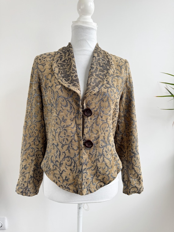 Vintage Brocade Cropped Jacket, 90s Tapestry Style Blazer, Camel Black Shimmer Evening Wear, Fitted Tailored Party Jacket Size Small/Medium