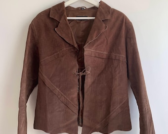 Vintage 90s does 70s Suede Leather Jacket for Women Size L, Boho Hippie Leather Blazer, Western Brown Suede Coat, Tie Up Leather Jacket