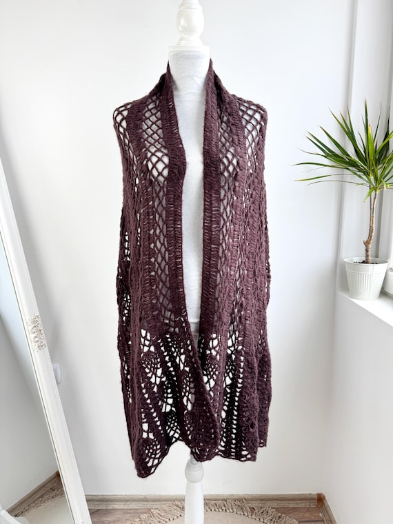 Vintage Crochet Lace Shawl, Brown Oversized Boho Knit Wrap, Mohair Blend Long Winter Scarf, Romantic Cottagecore Style Cover Up, Boho Stole