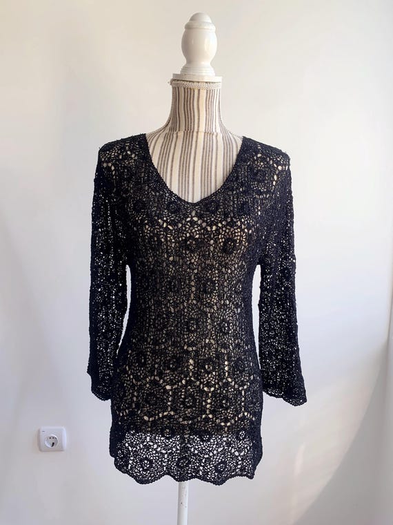Vintage Black Crochet Sweater Exclusive By Tara Size L, Romantic Victorian Blouse, Knitted Lace Long Sleeve Mesh Pullover Gothic Boho Jumper