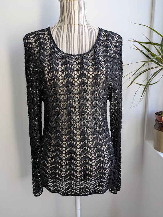 Vintage Black Lace Crochet Mesh Sweater Size M L, Silky Viscose Sheer Fishnet Blouse, Overlay Pullover With Beads, Long Sleeve Beaded Top