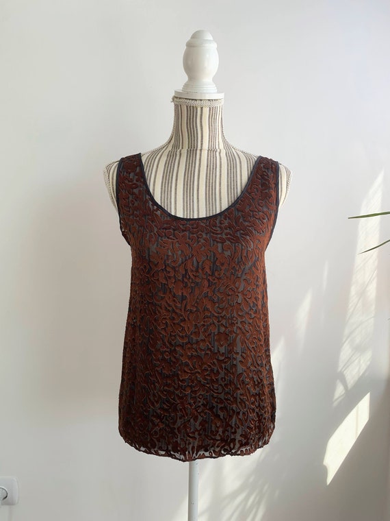 Vintage Mesh Silk Tank Top Size XS, See Through Sheer Lace Cami Top, Burn Out Velvet Camisole, Rust Brown Paisley Floral Sleeveless Blouse