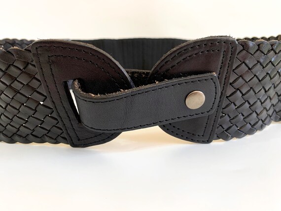 Vintage 90s Elastic Black Cinch Belt, Woven Leath… - image 7