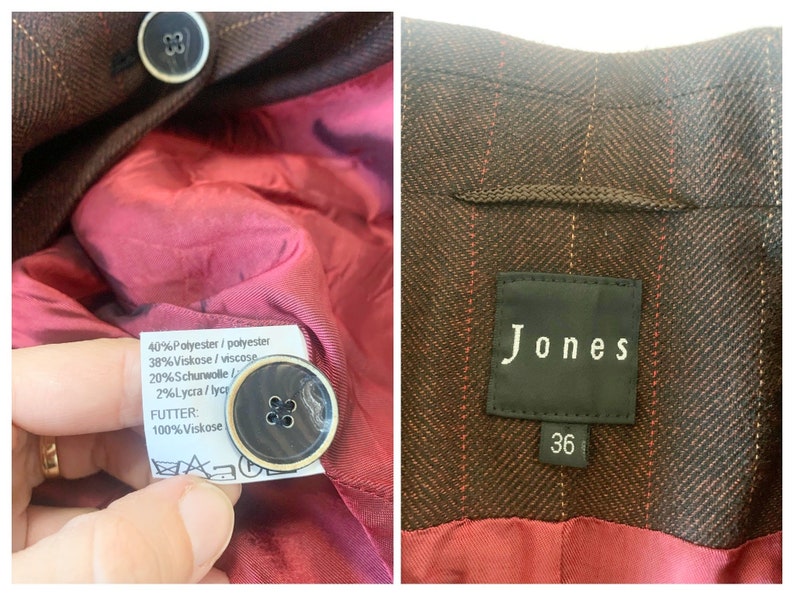 May include: A brown and red striped blazer with a black label that says "Jones" and a size 36 tag. The blazer is made of 40% polyester, 38% viscose, 20% wool, and 2% lycra. The lining is 100% viscose.