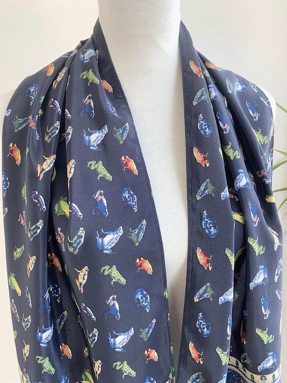 Vintage Y2K Whimsical Frog Print Scarf,  Oblong Scarf for Women, Quirky Animal Print Neck Scarf, Navy Blue Head Scarf, Frog Lover Gift