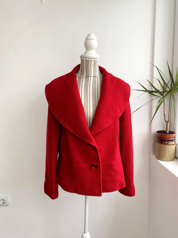 Vintage Y2K Red 100% Wool Coat for Women Size XL, Bandolera Boiled Wool Boucle Blazer, Short Autumn Coat, Warm Cozy Pure Wool Cropped Coat