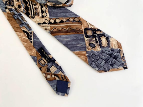 Vintage Altea Milano 100% Silk Necktie, Abstract Geometric Print Silk Tie, Blue Brown Tan Luxury Neck Tie, Mens Neck Accessory Made in Italy